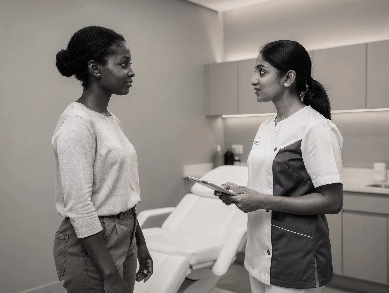 In-person consultation between a South Asian clinician and a Black client in a private aesthetic clinic